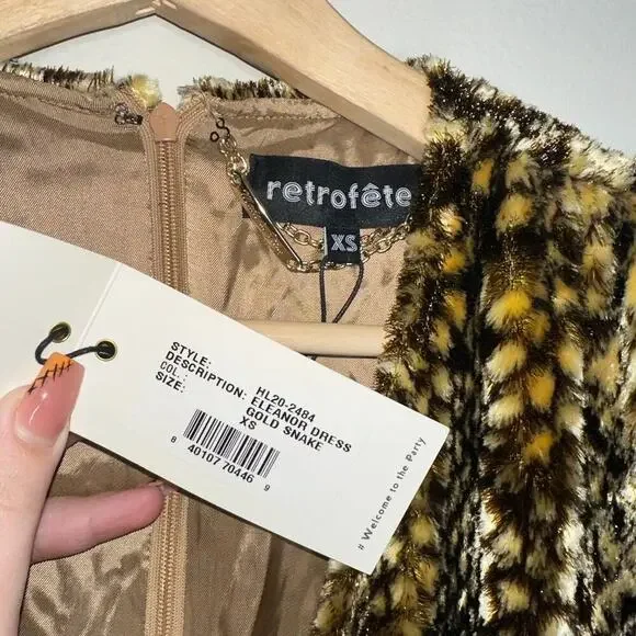 Retrofete NWT Eleanor Velvet Mini Dress in Gold Snake Size XS Black Animal Print Retrofete NWT Eleanor Velvet Mini Dress in Gold Snake Size XS Black Animal Print